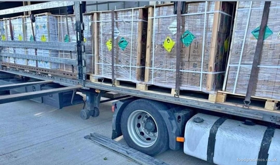 Pallets of food-grade N₂O loaded onto a delivery lorry for dispatch