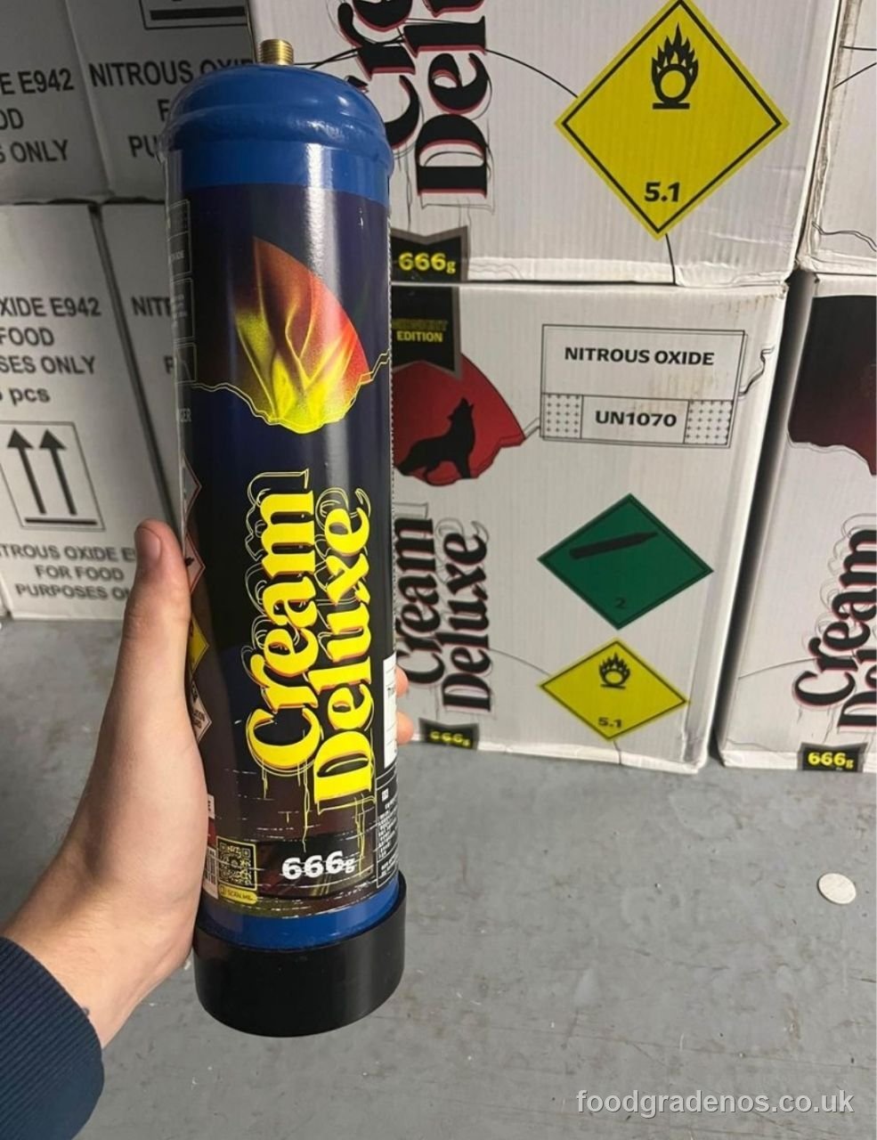 A member of the Whipped Cream Canada team holding a food-grade nitrous cylinder in the warehouse