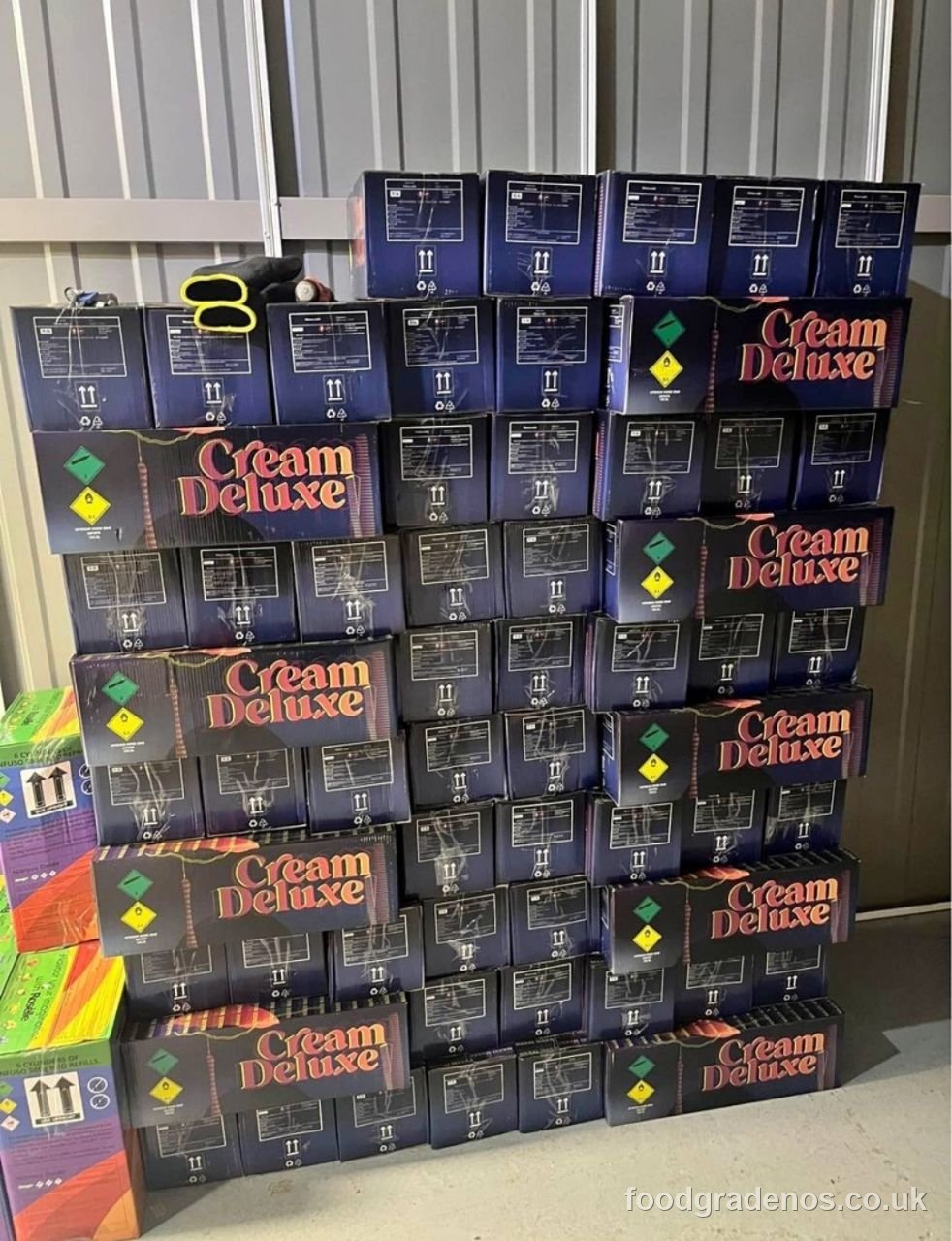 Food-grade nitrous oxide cream charger stock stacked in the Whipped Cream Canada warehouse